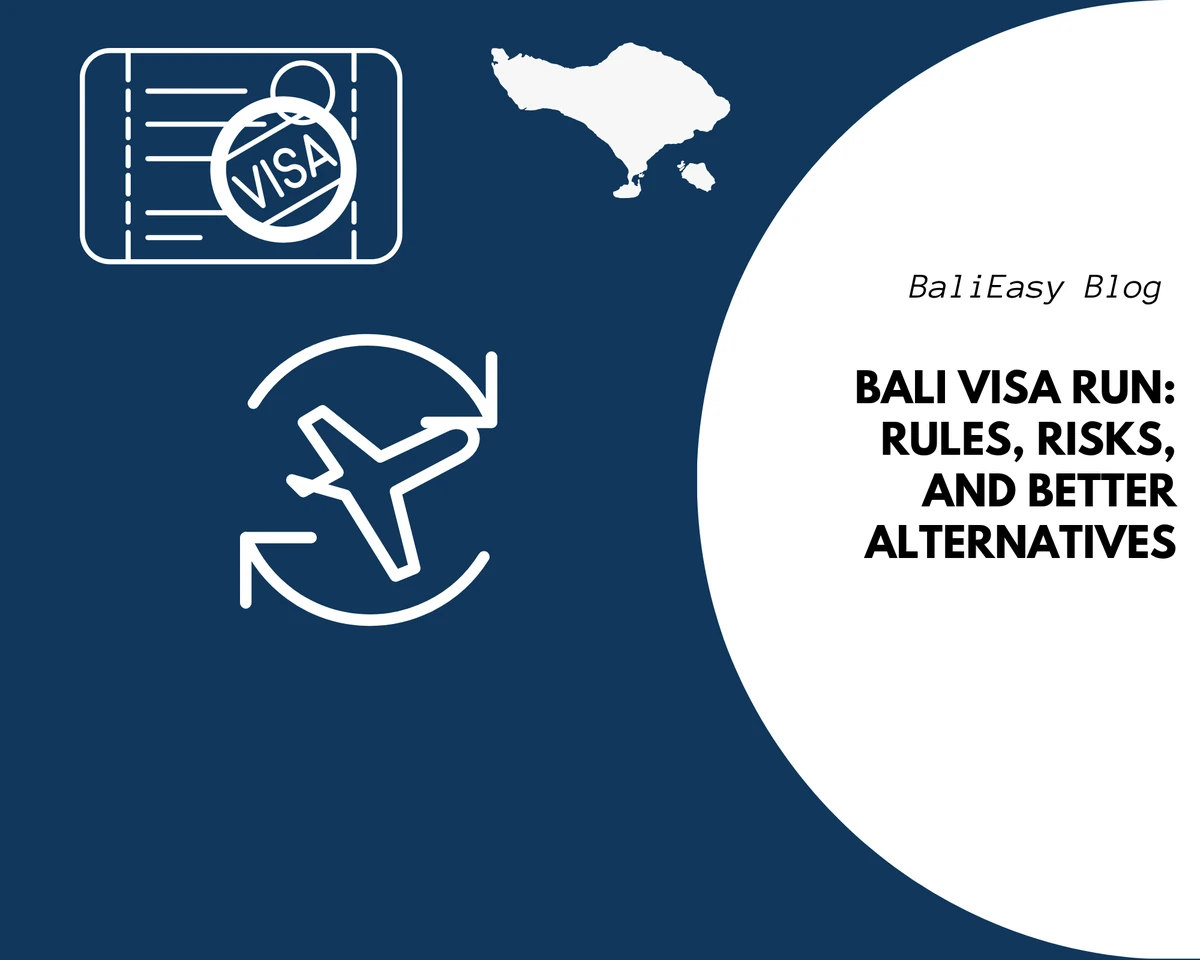 Bali visa run guide with a white airplane and return arrows, visa document and Bali map on a blue background.