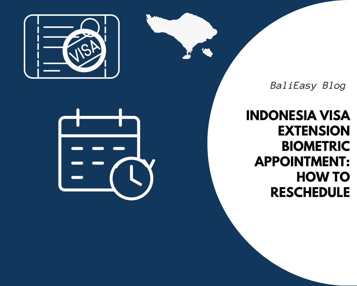 White calendar and clock illustration with visa and Bali map icons on a blue background for rescheduling an Indonesia visa extension biometric appointment.