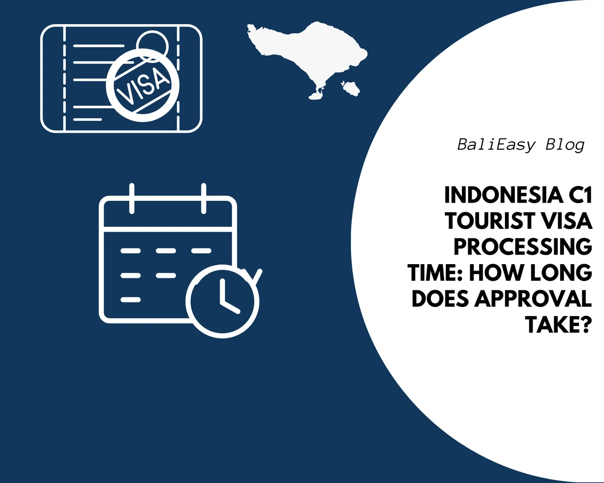 White calendar and clock with visa and Bali map icons on a blue background for Indonesia C1 Tourist Visa processing times.