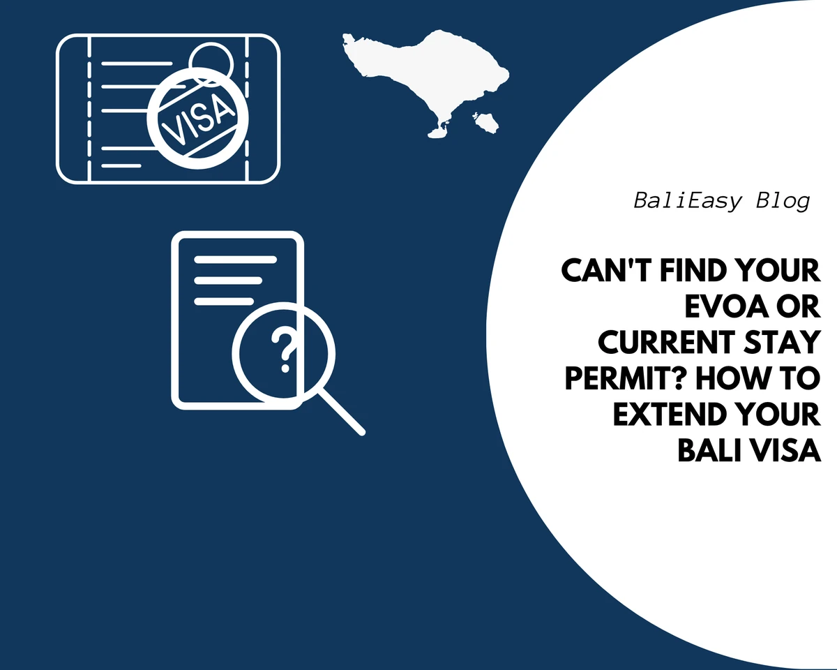 White document and magnifying glass with a question mark, visa icon and Bali map on blue for finding an eVOA or current stay permit before a Bali visa extension.