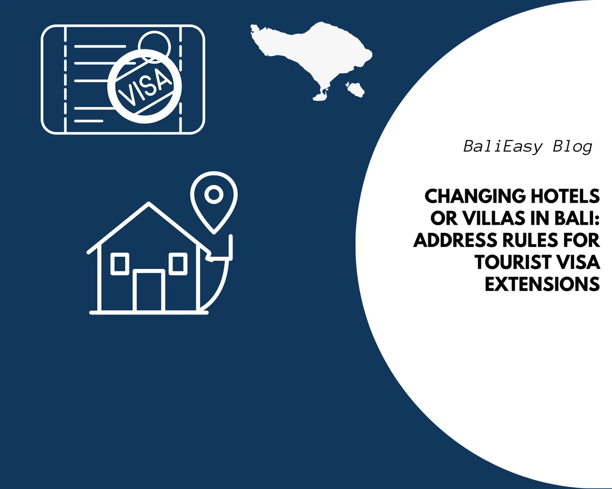 White accommodation, location pin, visa document and Bali map on blue for changing hotels or villas in Bali and tourist visa extension address rules.
