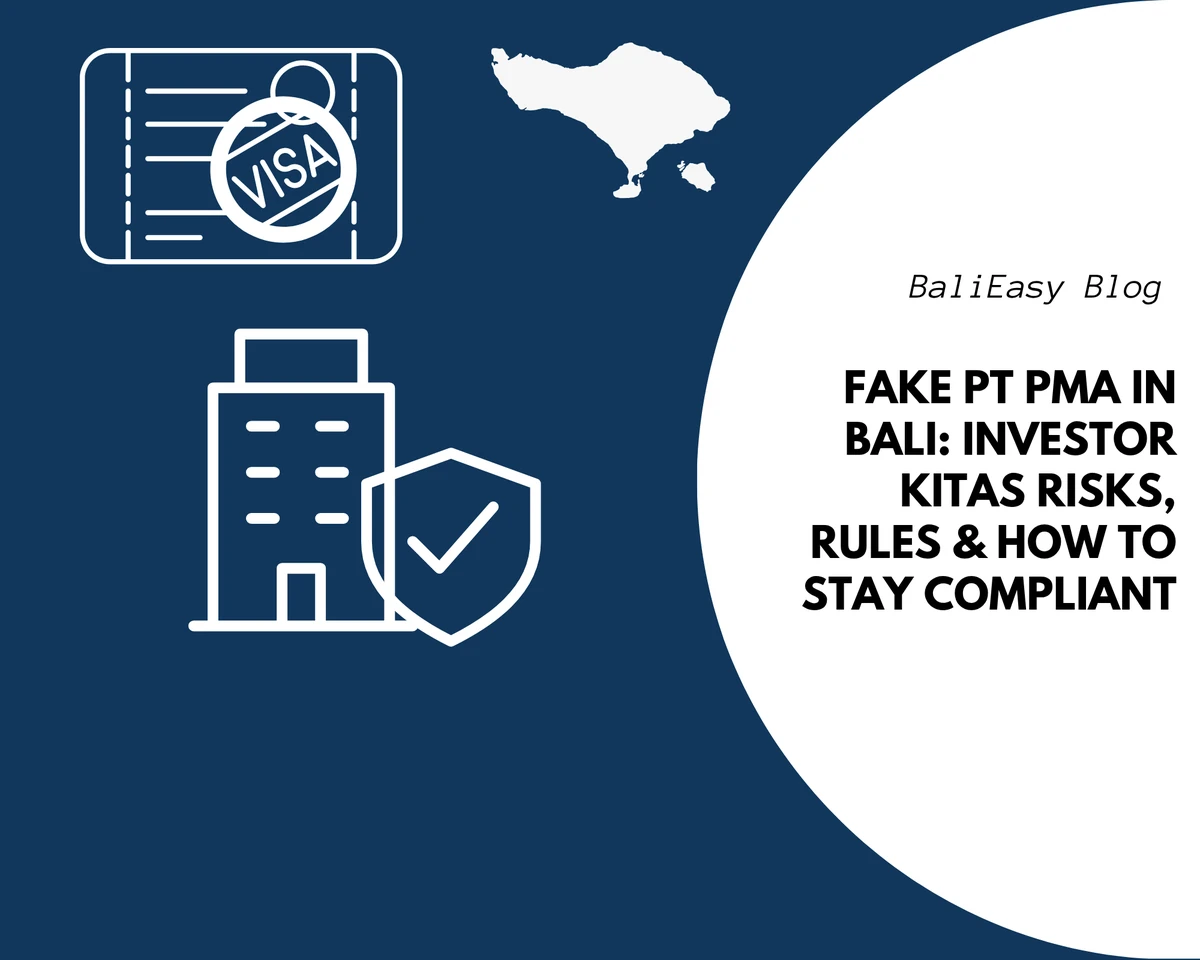 White company building and compliance shield with visa and Bali map icons on blue for fake PT PMA and Investor KITAS risks in Bali.