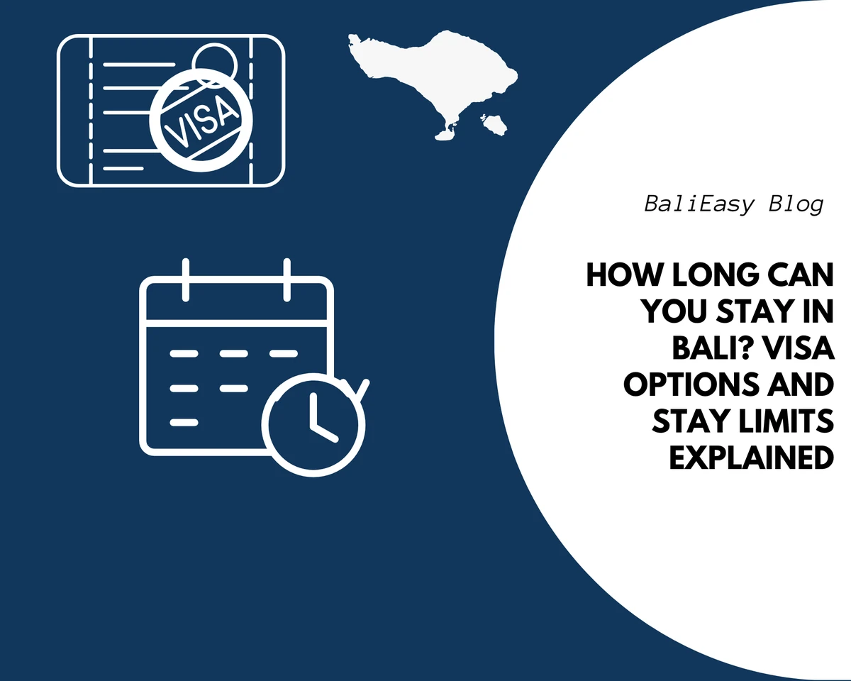 How long can you stay in Bali? White visa, Bali map, calendar and clock graphics on blue illustrating visa options and stay limits.