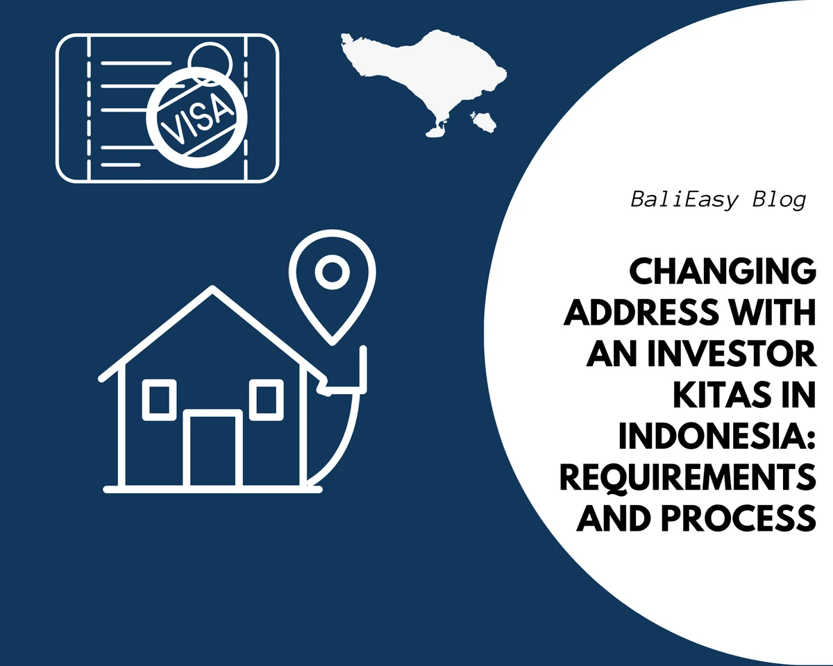 White house and location pin with visa and Bali map icons on a blue background for an Investor KITAS address change in Indonesia.