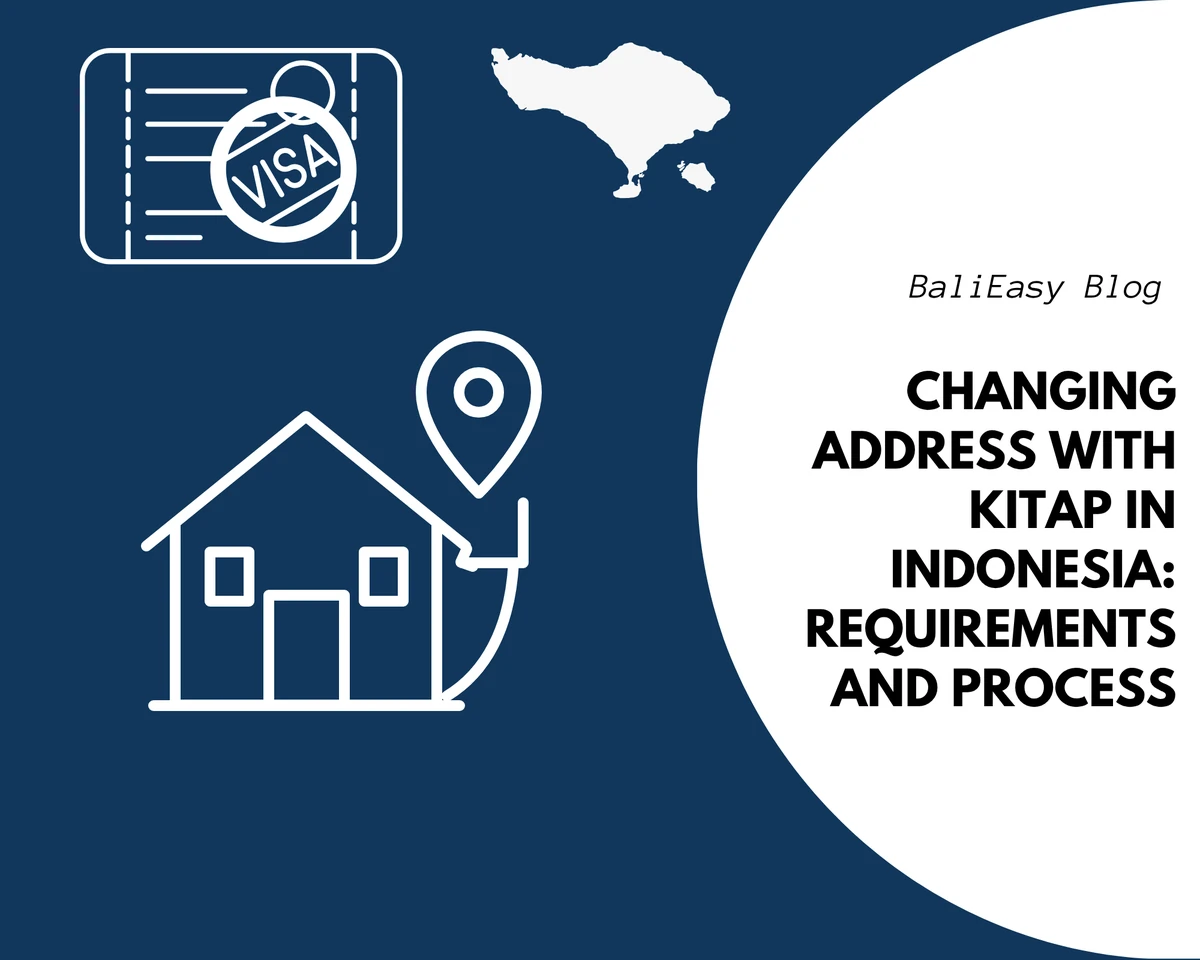 White house and location pin with visa and Bali map icons on a blue background for changing a KITAP holder’s address in Indonesia.