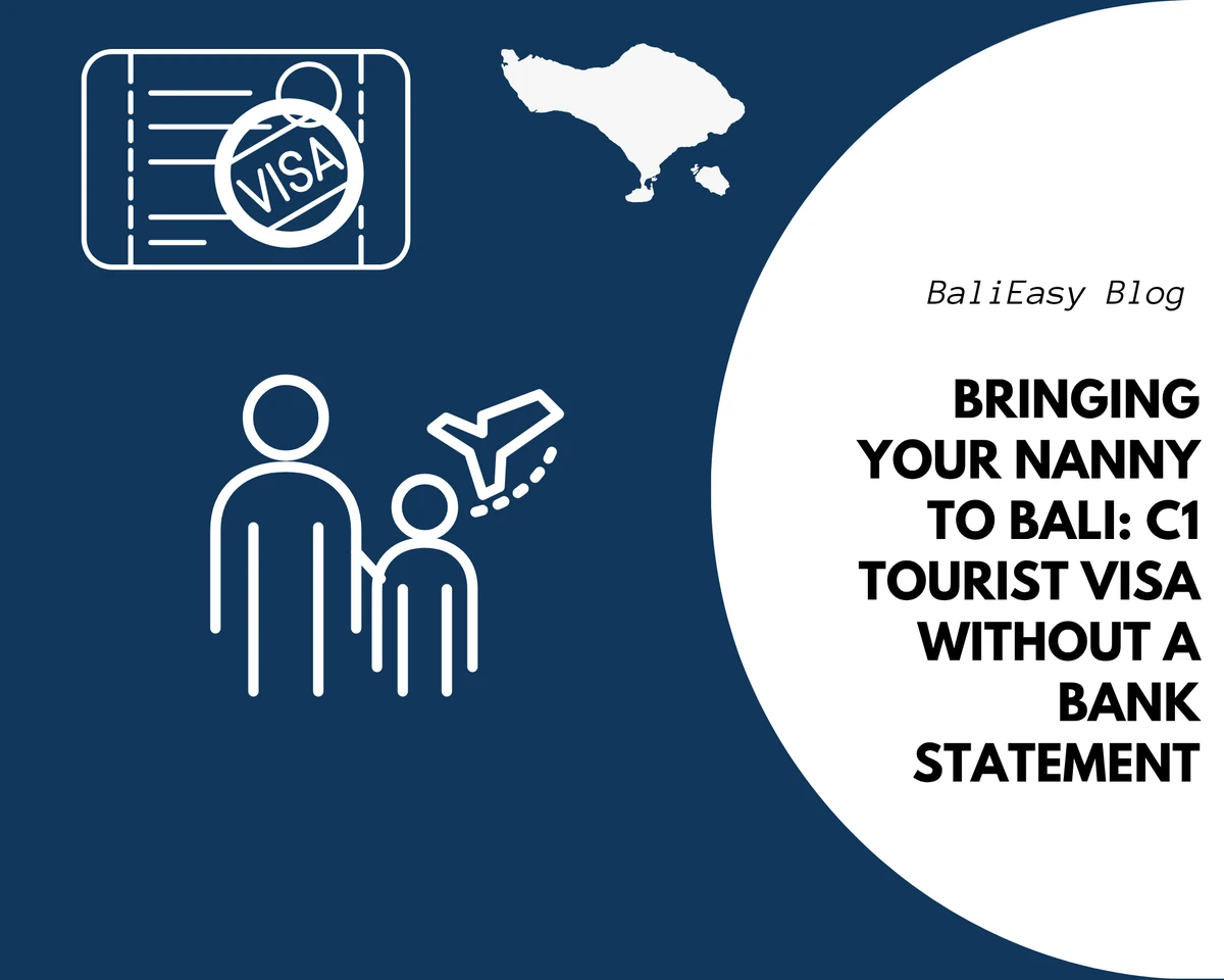 White outline illustration of a nanny and child with an airplane, visa document, and Bali map on a blue background.