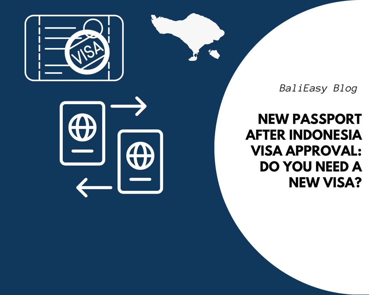 Old and new passport icons with update arrows, visa document and Bali map on a blue background.