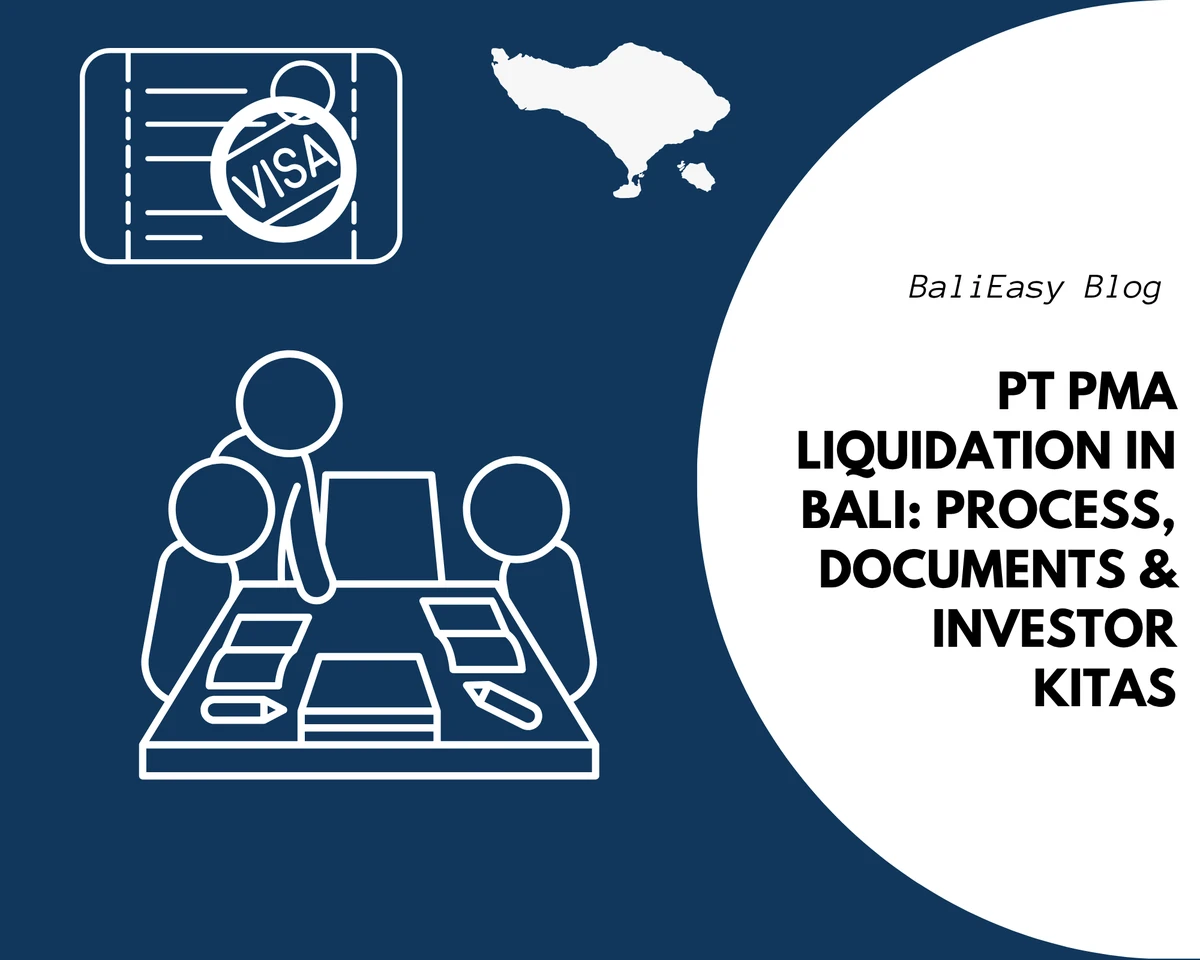 PT PMA liquidation in Bali with white business meeting, visa, and Bali map illustrations on a blue background.