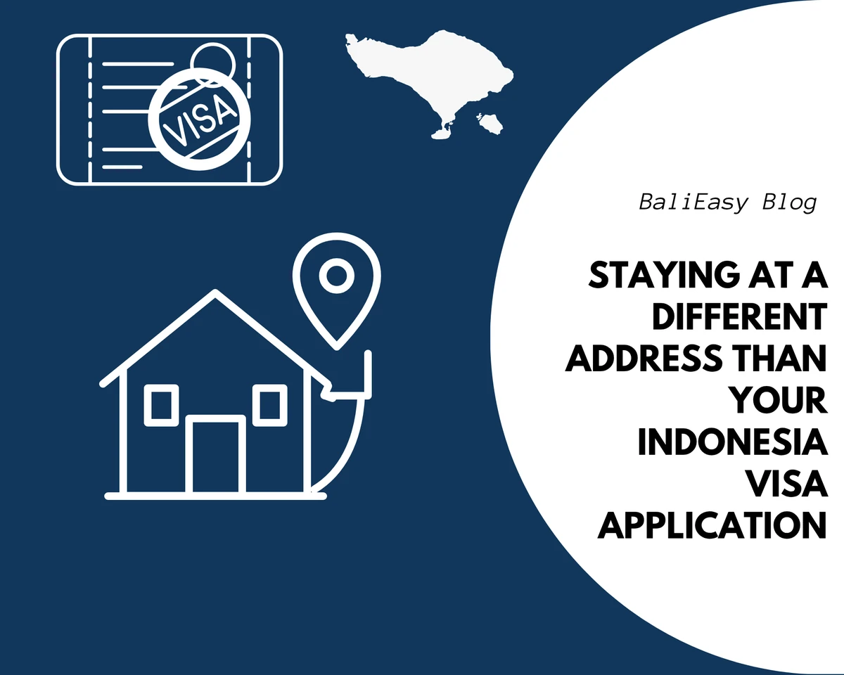 White house and location pin with visa and Bali map icons on a blue background, illustrating a different address on an Indonesia visa application.